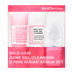 WELLDERMA MILD ACID ACNE GEL CLEANSER & PINK SUGAR SCRUB SET (120ml + 120ml + cleanser)